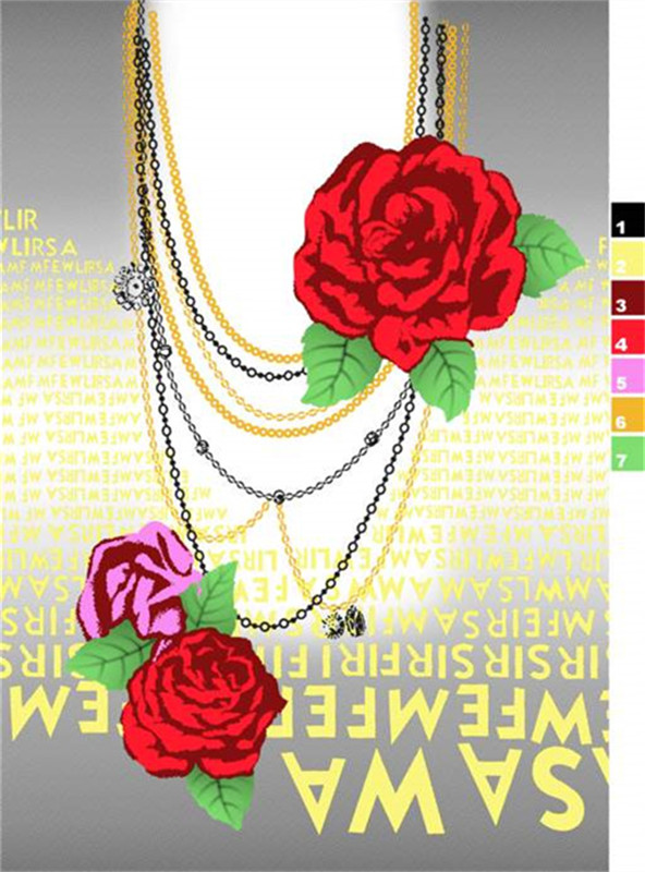 复古玫瑰与链条设计的面料印花素材,适用于时尚服装印花