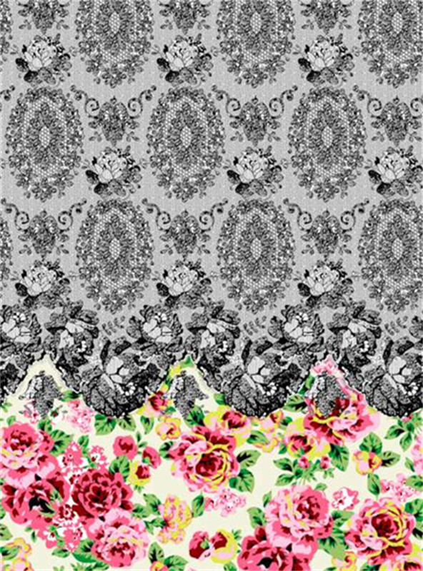 复古蕾丝与繁花交织的面料印花设计,适用于高端服装定制