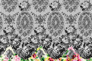 复古蕾丝与繁花交织的面料印花设计，适用于高端服装定制