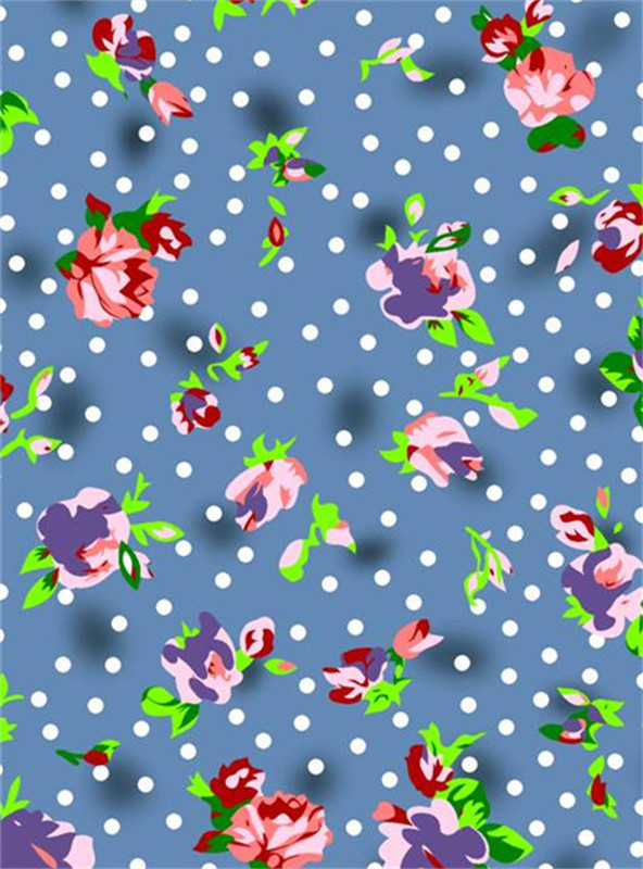 复古蓝底波点花卉面料印花 服装印花设计素材