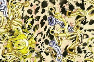 奢华豹纹与金属链条交织的面料印花设计