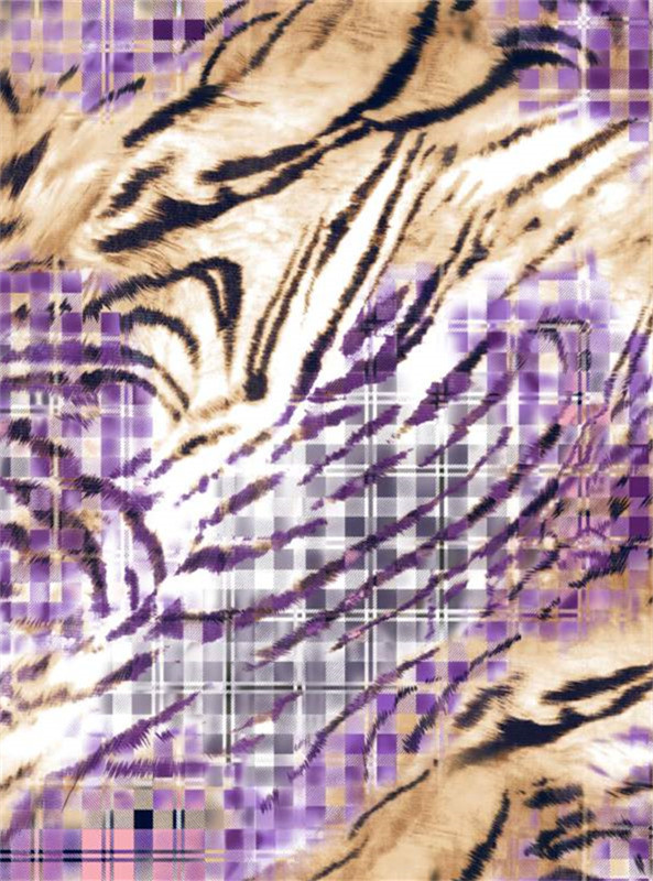 紫调格纹与虎纹碰撞的时尚面料印花设计素材