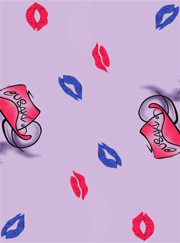 浪漫紫底红蓝唇印服装印花素材设计