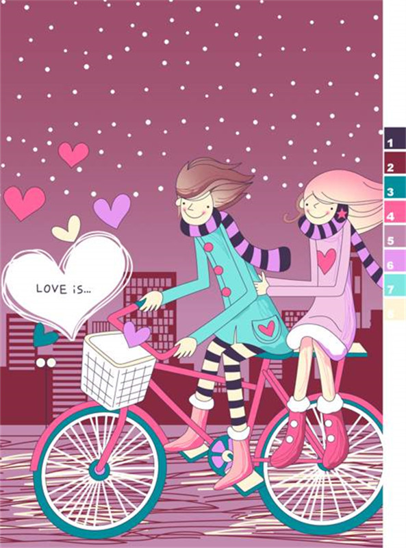 浪漫情侣自行车图案 时尚面料印花设计素材