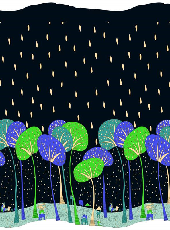 梦幻森林手绘风面料印花 创意服装印花素材