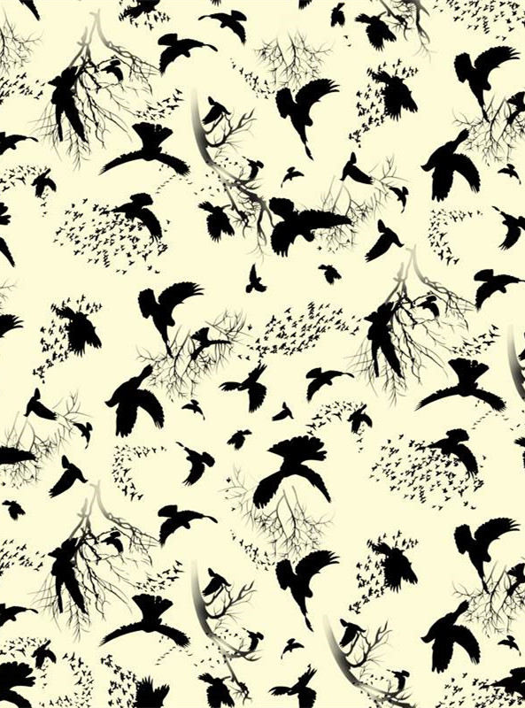 复古飞鸟与枯枝纹样 时尚面料印花设计素材