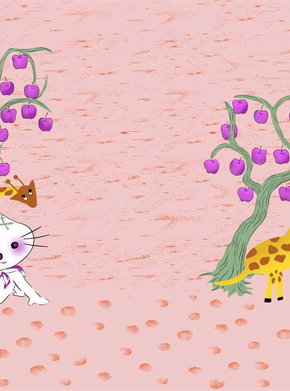 粉色童趣卡通动物苹果树面料印花素材 服装印花设计