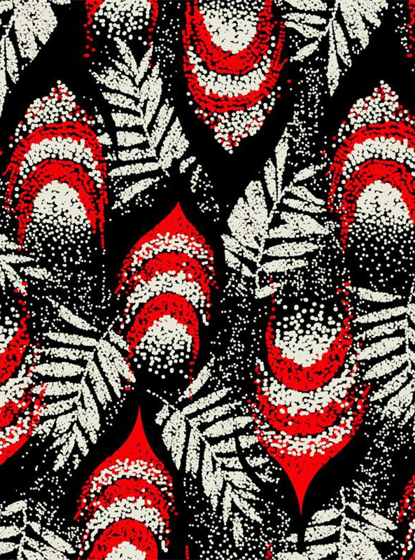 复古红黑羽毛纹面料印花素材,时尚服装印花设计灵感