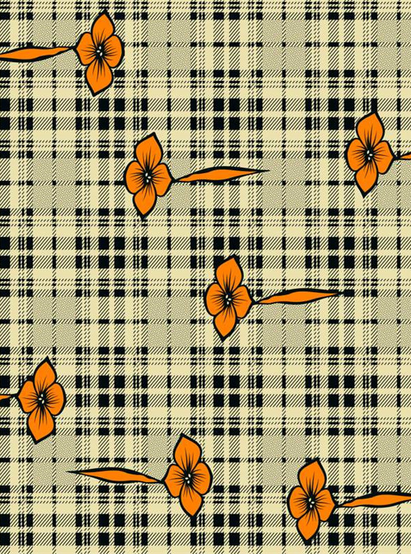复古格纹与橙色花卉的服装印花设计素材