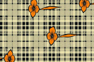 复古格纹与橙色花卉的服装印花设计素材