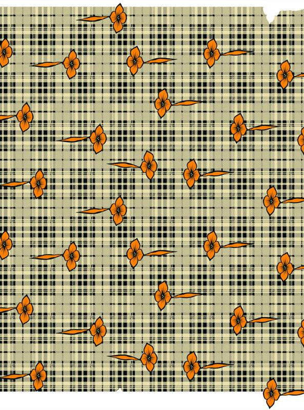 复古格纹与橙色花朵的服装印花设计素材