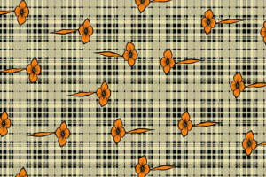 复古格纹与橙色花朵的服装印花设计素材