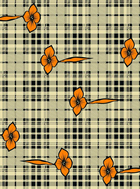 复古格纹与橙色花卉的面料印花设计素材