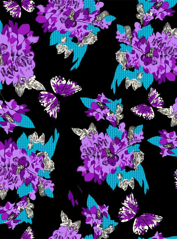 时尚紫色花卉与蝴蝶图案 高端面料印花素材