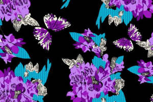 时尚紫色花卉与蝴蝶图案 高端面料印花素材