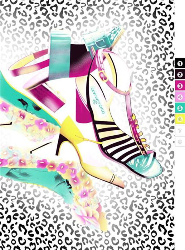 时尚高跟鞋与豹纹背景的面料印花设计素材
