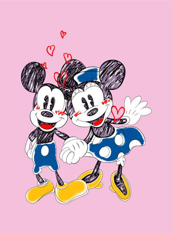 浪漫手绘风米奇米妮情侣装面料印花素材