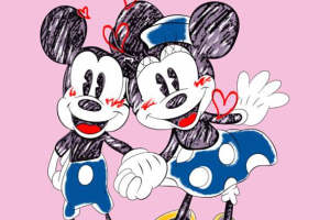 浪漫手绘风米奇米妮情侣装面料印花素材