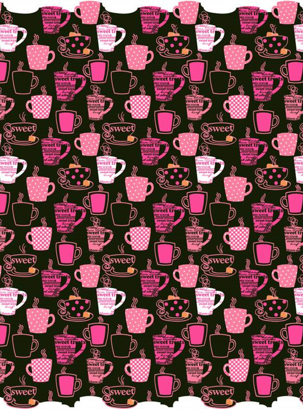时尚咖啡杯主题面料印花素材 甜美少女风服装印花设计