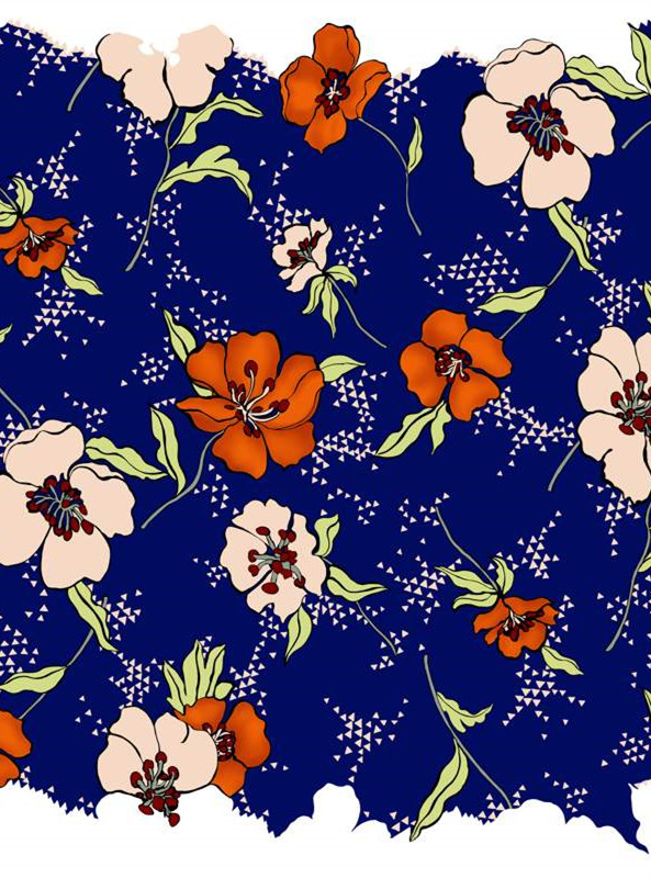 复古蓝底花卉面料印花 时尚服装印花设计素材