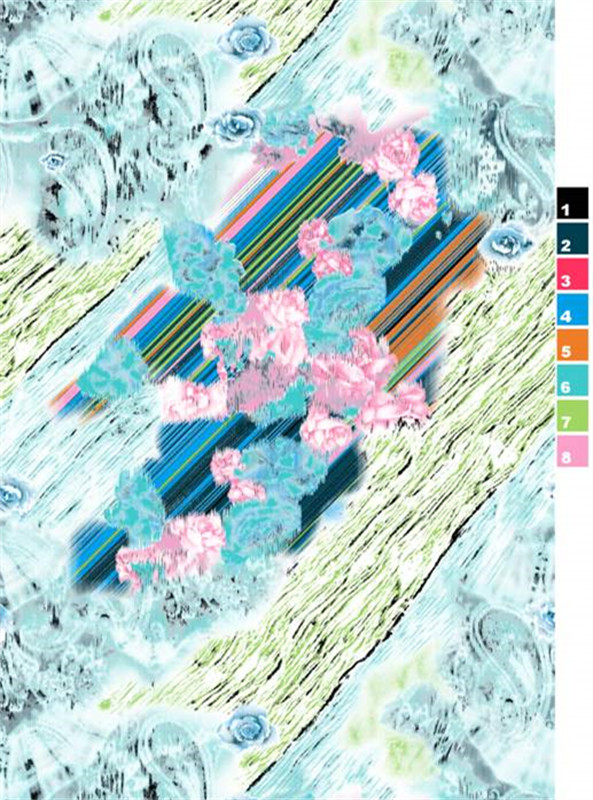 清新花卉与条纹交织的面料印花设计素材