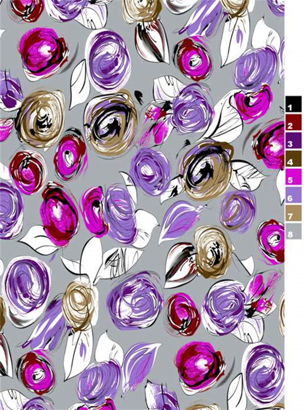 抽象紫红金花卉服装印花设计素材