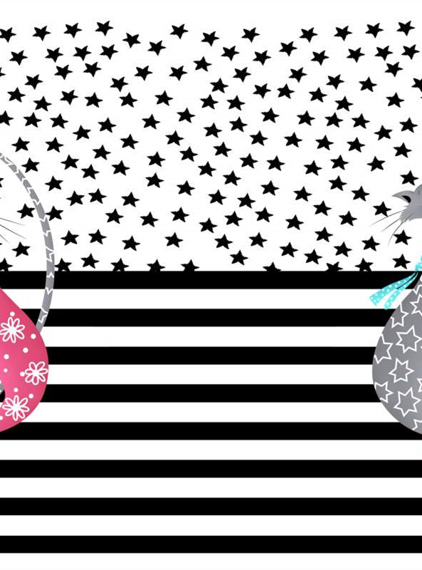 黑白条纹与星星点缀的可爱猫咪服装印花素材