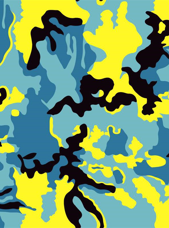 时尚潮流面料印花:蓝黄黑抽象迷彩服装印花素材推荐