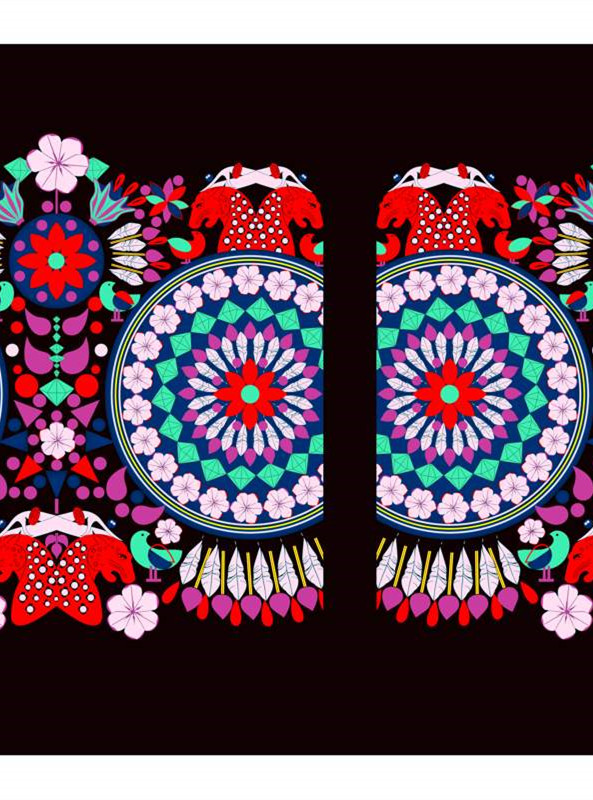 民族风对称花型 高端服装印花面料设计素材