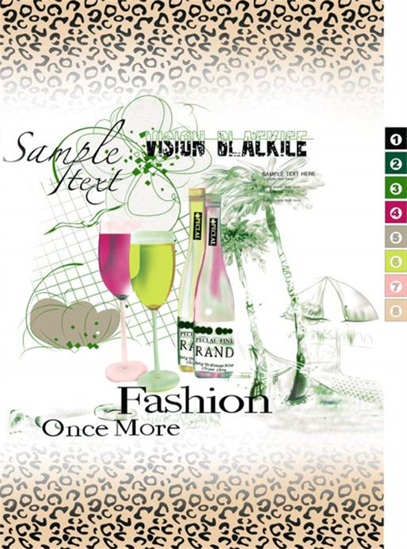 时尚豹纹与鸡尾酒元素的面料印花素材