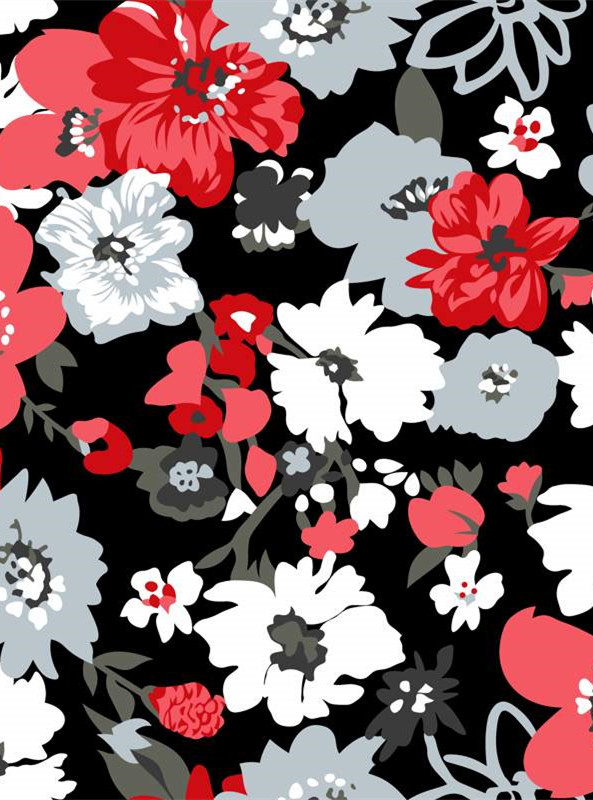 复古红白灰花卉面料印花素材,打造时尚服装印花设计