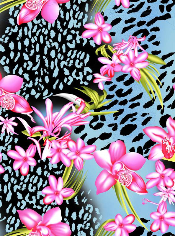热带花卉与豹纹碰撞的时尚面料印花素材