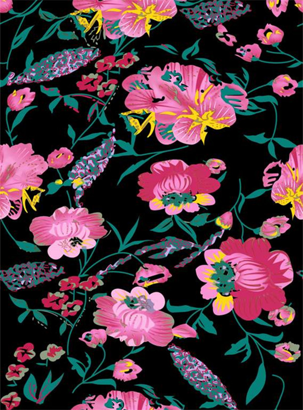 复古风粉色花卉面料印花 时尚服装印花设计素材