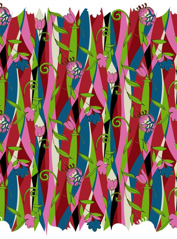 复古花卉条纹交织 时尚面料印花设计素材