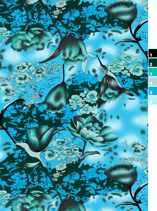 复古蓝绿花卉面料印花 服装印花素材推荐