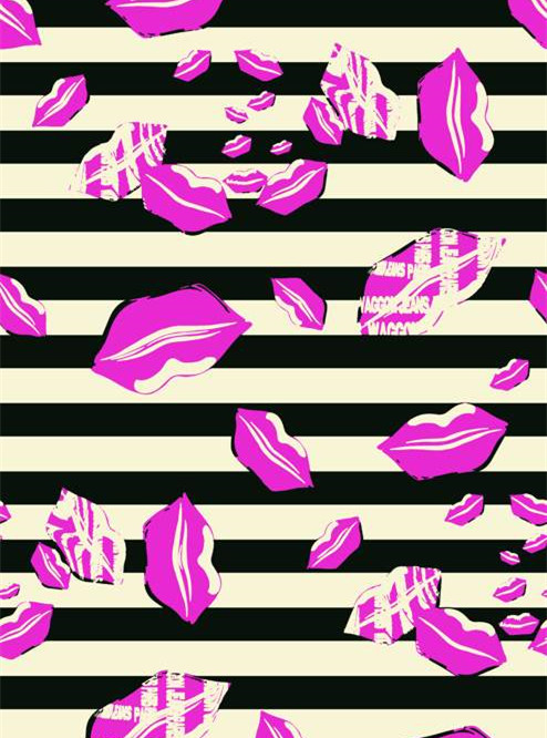 时尚紫色嘴唇与条纹面料印花素材