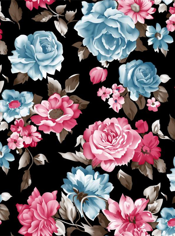 复古蓝粉花卉面料印花 高端服装印花设计素材