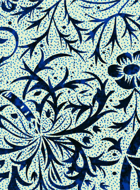 复古手绘蓝白花卉面料印花 时尚服装印花素材推荐