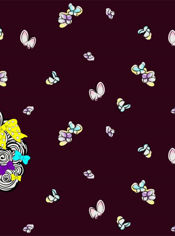 复古深红底蝴蝶结与蝴蝶面料印花素材,适用于服装印花设计