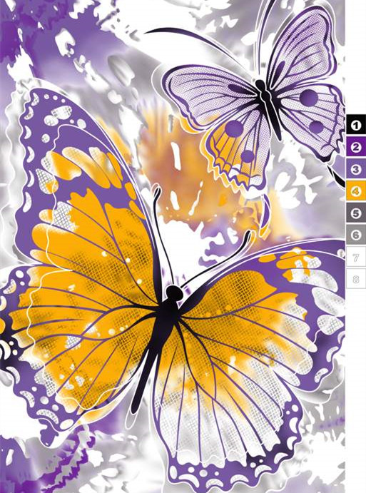 紫黄撞色蝴蝶面料印花素材 高端服装印花设计