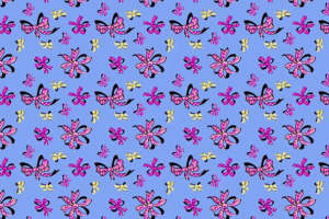 清新蓝底花卉蝴蝶结面料印花素材，适用于服装印花设计