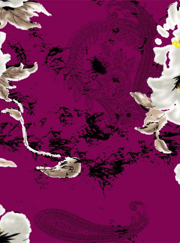 复古紫红底花卉面料印花素材,时尚服装印花设计灵感