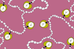 趣味时钟与花朵交织的时尚面料印花素材