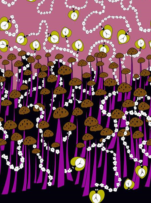奇幻蘑菇与时钟交织的梦幻面料印花素材