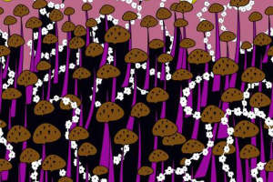 奇幻蘑菇与时钟交织的梦幻面料印花素材