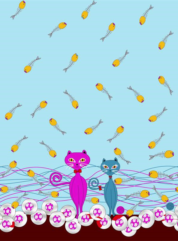 可爱卡通猫咪与鱼骨纹样 创意面料印花设计素材