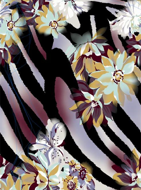 艺术花卉与斑马纹融合的面料印花设计素材