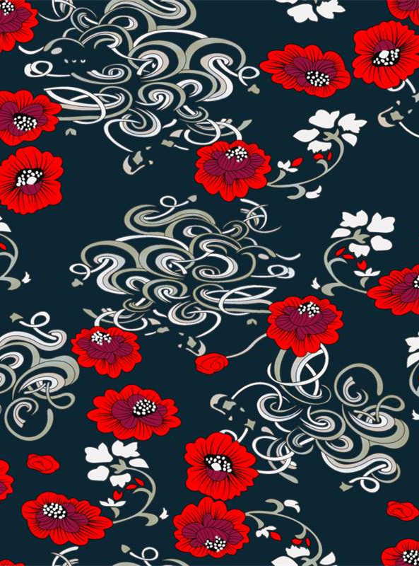复古红韵花卉面料印花 时尚服装印花设计素材
