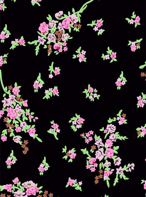 复古黑底粉花面料印花 时尚服装印花设计素材