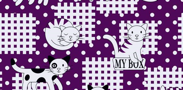 可爱猫咪与几何格纹 紫色系面料印花素材